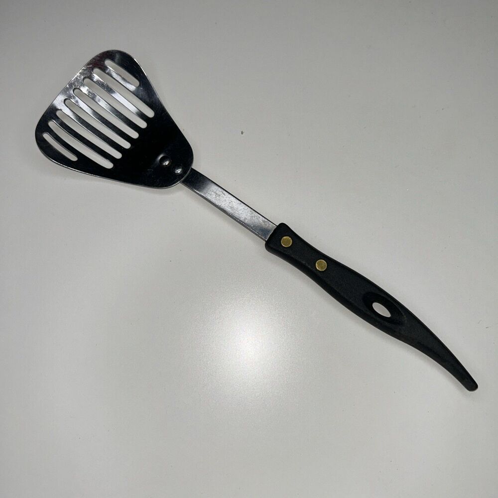 Vintage‎ Kitchen Utensil Slotted Spoon Cooking Serving Stainless Black Handle